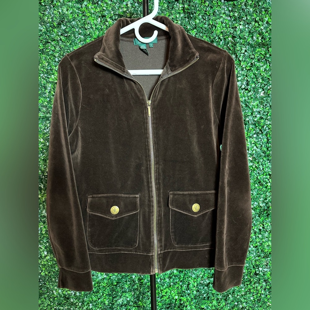 Lauren Ralph Lauren Women’s Brown Velour Full‎ Zip Jacket Size Medium